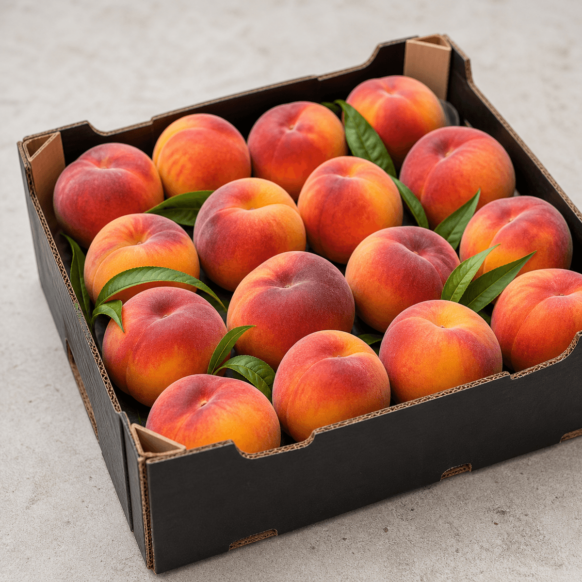 Fresh Spanish peaches in a produce crate