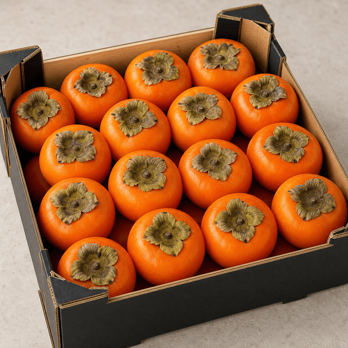 Fresh Spanish persimmons in a produce crate